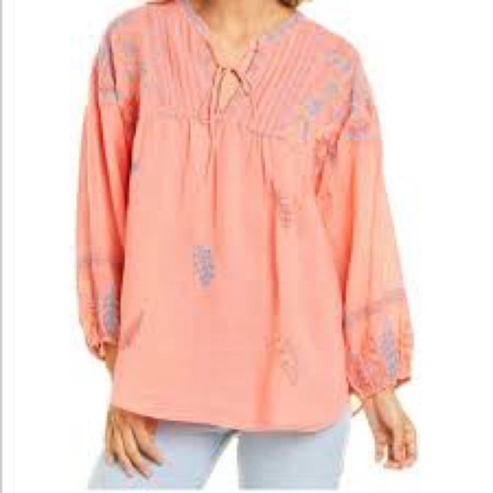 Johnny Was Coral Embroidered Peasant Tunic